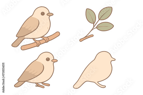 Calm Bird Perch. Isometric vector illustration set perch branch rest observe: bird calmly perched, twig with foliage, folded wing
