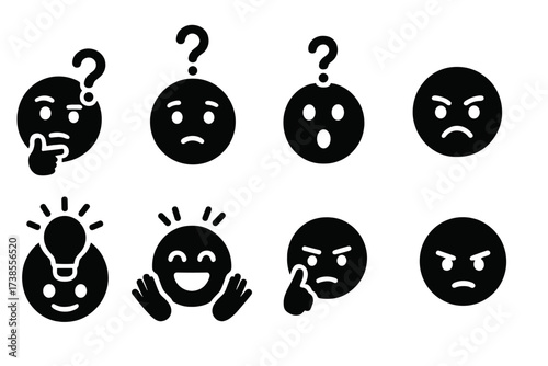 Riddle Emotion Icons. Solid, filled icon set of riddle emotions: curiosity, confusion, surprise, frustration, enlightenment, excitement, concentration,