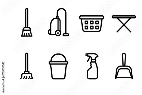 Domestic Chores Icons. Outline icon set of domestic chores: broom, vacuum cleaner, laundry basket, ironing board, mop, bucket, cleaning spray, dustpan. [Line