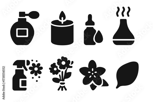 Fragrance Icons Grid. Solid, filled icon set of flower scent and fragrance: perfume bottle, scented candle, essential oil, aroma diffuser, floral spray,