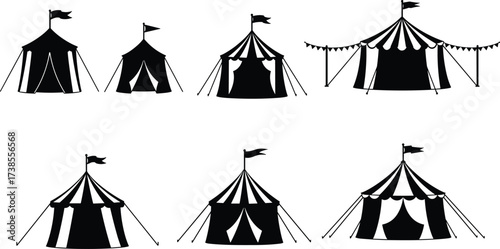 Circus tent vector icons, carnival marquee silhouettes, festival pavilion illustration, circus fairground tent design, retro vintage black white set