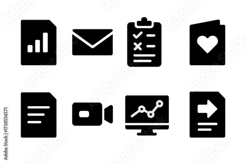 Presentation Icon Set. Solid, filled icon set of presentation follow-up: report, email, survey, thank you note, summary, recording, analytics, next steps.