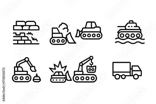 Combat Vehicle Icons. Outline icon set of combat engineering vehicle mission types: fortification construction, obstacle removal, river crossing support, mine