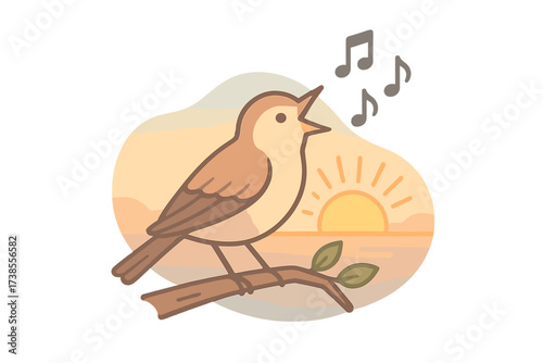 Songbird Melody at Dawn. Isometric vector illustration set songbird melody chirp dawn: small bird open beak, floating music notes,