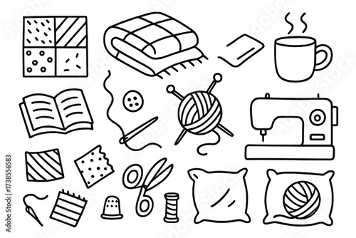 Cozy Patchwork Doodles. Hand-drawn doodle illustration Cozy quilt moments quilt patch, blanket, steaming cup, book, knitting needles, needle and thread,