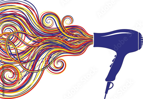 Vector art of hair dryer with colorful hair for beauty salon