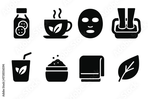 Detox Elements Icons. Solid, filled icon set of detox elements: detox water, herbal tea, detox mask, foot bath, detox smoothie, salt scrub, fresh towel, green