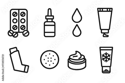 Allergy Relief Icons. Solid, filled icon set of medicated allergy relief: antihistamine pills, nasal spray, eye drops, medicated cream, inhaler, allergy patch,
