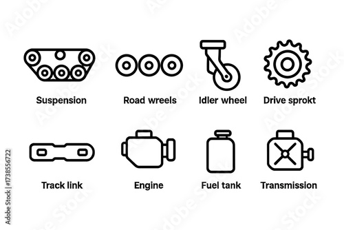 Armored Vehicle Icon Set. Outline icon set of armored vehicle mobility: suspension, road wheels, idler wheel, drive sprocket, track link, engine, fuel tank,