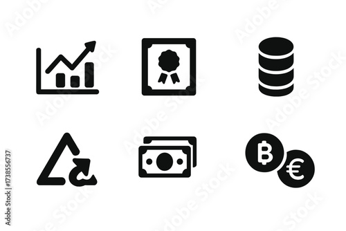 Investment Instruments Icons. Solid, filled icon set of fund investment instruments: stocks, bonds, real estate, commodities, derivatives, cash,