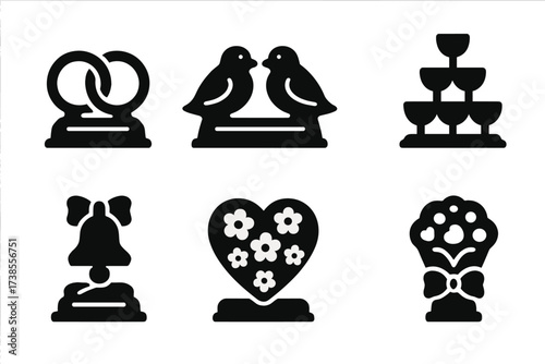 Wedding Icon Set. Solid, filled icon set of wedding ice sculptures: intertwined rings, lovebirds, couple initials, champagne tower, wedding bell, floral heart,