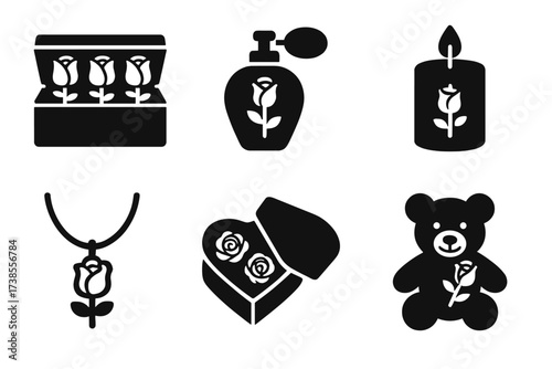 Rose-Themed Gift Icons. Solid, filled icon set of rose-themed gifts: rose box, rose perfume bottle, rose candle, rose jewelry, rose soap, rose chocolate, rose
