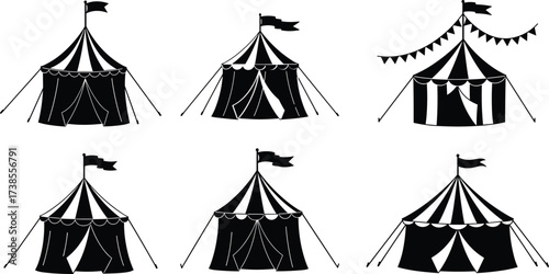 Circus tent vector silhouettes, carnival pavilion icons, striped marquee tents, festival fairground tents with flags, black illustration design