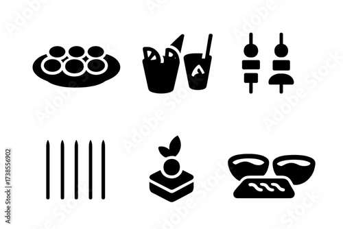 Appetizer Icon Set. Solid, filled icon set of appetizer serving styles: platter, individual cups, skewers, mini bowls, toothpicks, canape, finger food tray,