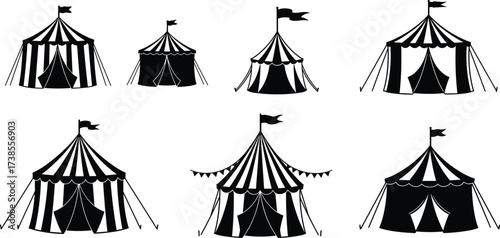 Circus tent vector set, striped carnival pavilion silhouettes, fairground marquee collection, retro festival tents with flags and bunting
