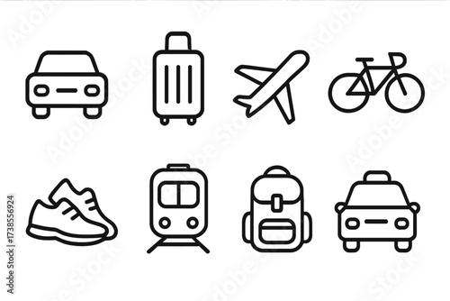 Travel Icon Set. Outline icon set of aunt?s travel and transportation: car, suitcase, airplane, bicycle, walking shoes, train, backpack, taxi. Line icons in