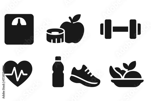 Weight Loss Icons. Solid, filled icon set of weight loss: scale, measuring tape, apple, dumbbell, heart rate, water bottle, running shoe, healthy meal. [Solid,