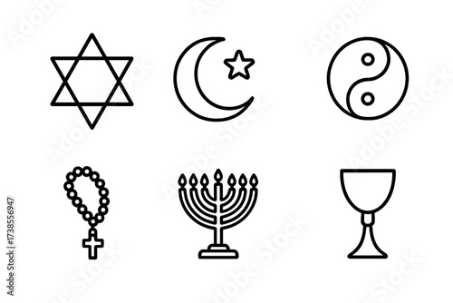 Faith Symbol Icons. Outline icon set of faith symbols: star of David, crescent moon, Om symbol, yin yang, rosary beads, menorah, dharma wheel, chalice. [Line
