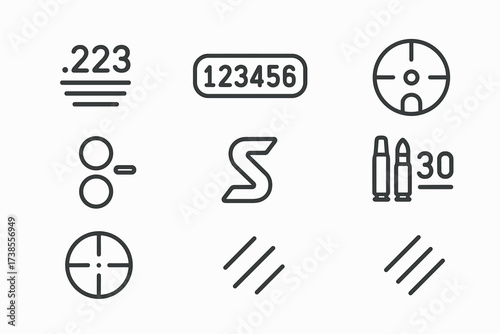 Rifle Icon Set. Outline icon set of rifle markings and indicators: caliber mark, serial number, safety icon, fire selector, manufacturer logo, scope reticle,