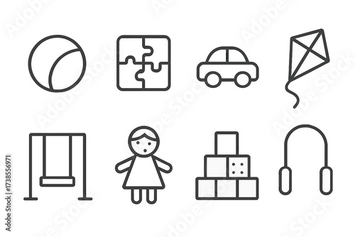 Playtime Icon Set. Outline icon set of playtime in raising: ball, puzzle, toy car, building blocks, kite, swing, doll, jump rope. Line icons in only black
