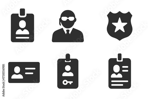 Bodyguard ID Icons. Solid, filled icon set of bodyguard identification: ID card, uniform, badge, name tag, business card, access pass, photo ID, security