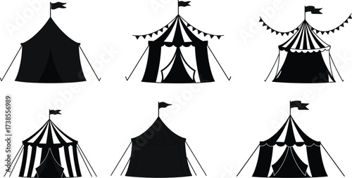 Circus tent vector set, carnival pavilion silhouettes, striped marquee icons, festival fairground tents, retro circus tents with flags