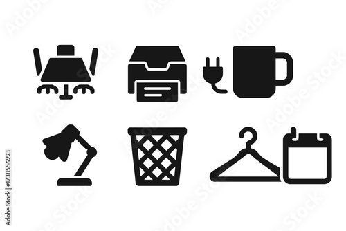 Abandoned Office Icons. Solid, filled icon set of abandoned office: empty meeting room, empty desk drawer, unplugged printer, empty coffee mug, switched-off