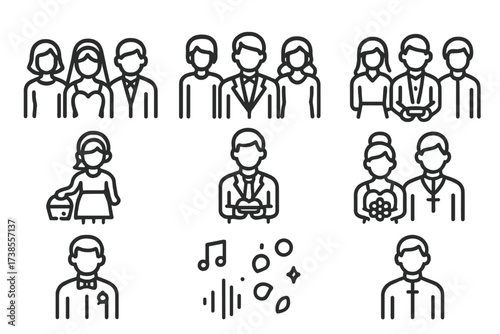 Outline Icon Collection. Outline icon set of vows family and friends: bride with parents, groom with parents, wedding guests, flower girl, ring bearer, best