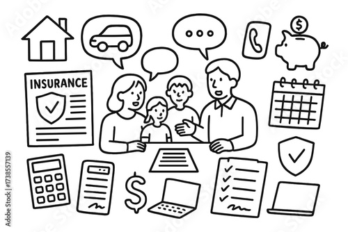 Family Insurance Doodles. Hand-drawn doodle illustration Discussing insurance plans for the family family group, insurance document, calculator, speech
