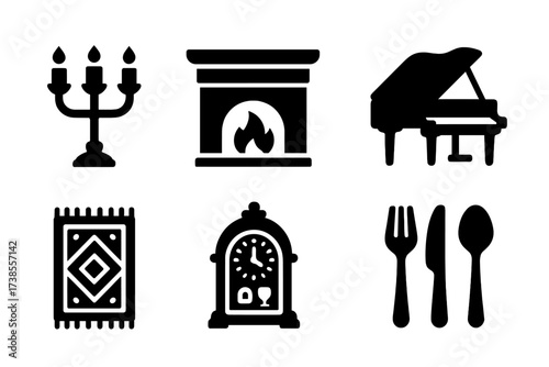 Aristocrat Icons Set. Solid, filled icon set of aristocrat household items: candelabra, fireplace, grand piano, ornate mirror, Persian rug, antique clock, wine