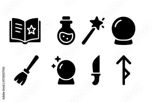 Kikimora Magical Icons. Solid, filled icon set of kikimora magical items: spell book, potion bottle, magic wand, crystal ball, enchanted broom, glowing orb,