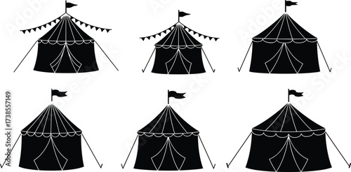 Circus pavilion tent silhouettes, carnival marquee icons, black fairground vector set with flags, bunting, festival decoration elements