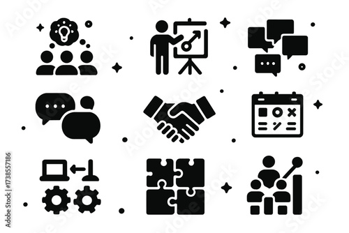 Teamwork Icon Grid. Team collaboration. Solid icons set of brainstorming group, presentation board, sticky notes, speech bubbles, handshake, project planning,