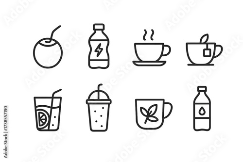 Hangover Drink Icons. Outline icon set of hangover drinks: coconut water, sports drink, coffee cup, green tea, lemon water, smoothie, herbal infusion, mineral