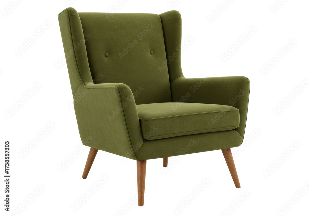 Fototapeta premium Elegant olive green wingback armchair isolated, mid-century modern furniture for living room or reading nook