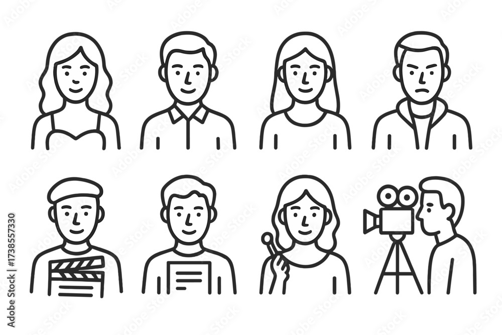 Fototapeta premium Romantic Movie Icon Set. Outline icon set of romantic movie characters: female lead, male lead, best friend, antagonist, director, scriptwriter, makeup artist,