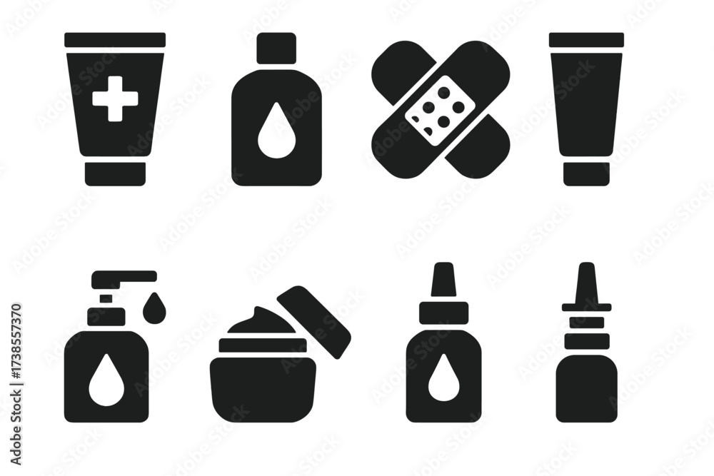Fototapeta premium Unscented Medical Icons. Solid, filled icon set of unscented medical products: unscented wound cream, unscented antiseptic, unscented bandages, unscented