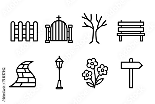 Graveyard Icon Set. Outline icon set of tomb graveyard elements: fence, gate, tree, bench, pathway, lamp post, flowers, signpost. Line icons in only black