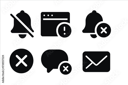 Notification Icon Grid. Solid, filled icon set of shutdown notification: bell off, alert badge, popup window, notification off, mute symbol, cancel icon, cross
