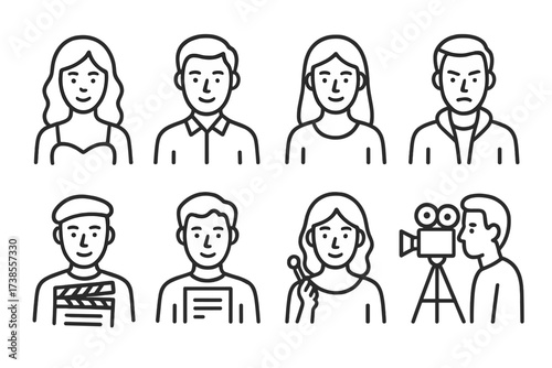 Romantic Movie Icon Set. Outline icon set of romantic movie characters: female lead, male lead, best friend, antagonist, director, scriptwriter, makeup artist,