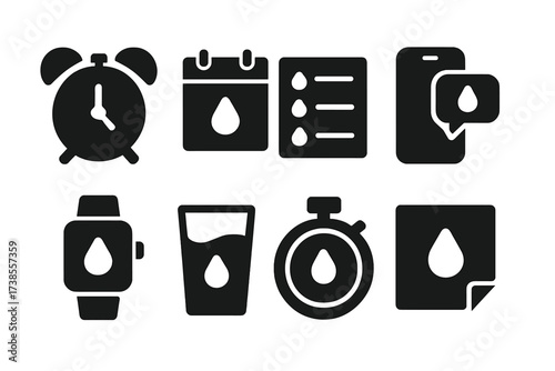 Hydration Reminder Icons. Solid, filled icon set of hydration reminders: alarm clock, calendar, checklist, smartphone notification, smartwatch, water glass