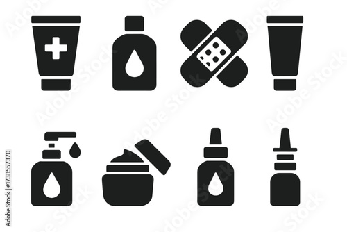 Unscented Medical Icons. Solid, filled icon set of unscented medical products: unscented wound cream, unscented antiseptic, unscented bandages, unscented