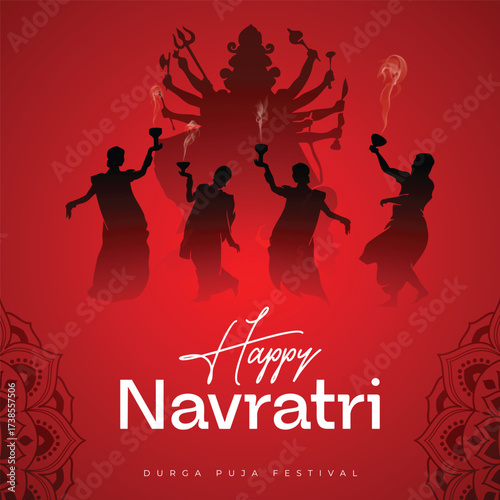 Festive navratri celebration illustration featuring dancing figures, a powerful durga silhouette, and elegant typography on a rich red canvas, capturing the essence of indian culture