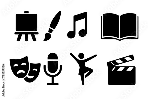 Freedom in Art Icons. Solid, filled icon set of freedom in art: open canvas, paintbrush, musical note, open book, theater masks, microphone, dance pose, film