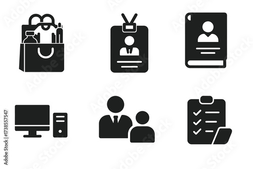Employee Onboarding Icons. Solid, filled icon set of employee onboarding: welcome kit, ID card, orientation session, training manual, computer setup, mentor,