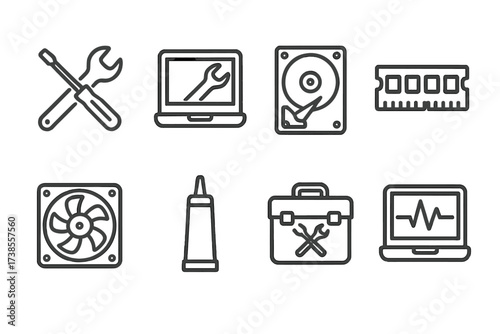 Laptop Repair Icons. Outline icon set of laptop repair and maintenance: screwdriver, wrench, hard drive, memory chip, fan, thermal paste, toolbox, diagnostic