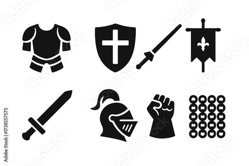Medieval Icon Set. Solid, filled icon set of medieval chivalry: armor, shield with cross, jousting lance, heraldic banner, knight?s sword, helmet plume,