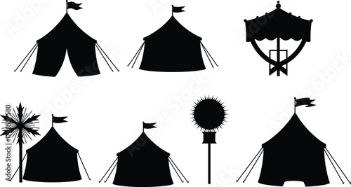 Circus tent silhouette set, vintage carnival pavilion icons, retro festival marquee shapes, black and white fairground vector collection