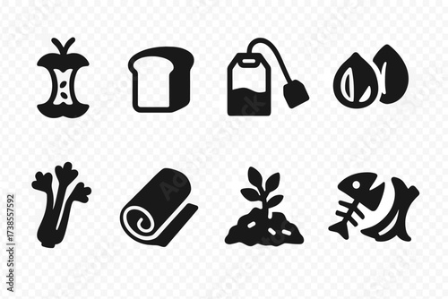 Organic Waste Icons. Solid, filled icon set of organic waste types: fruit core, bread crust, tea bag, nutshells, vegetable stems, paper towel, yard waste, food