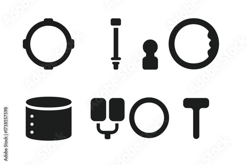 Drum Kit Icon Set. Solid, filled icon set of drumhead mounting: drum hoop, tension rods, lugs, bearing edge, drum shell, muffling pads, rim, drum key. Solid,